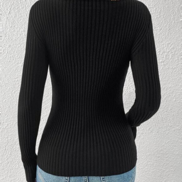 Black Casual Womens Criss Cross Front Ribbed Knit Sweater - Picture 5 of 5
